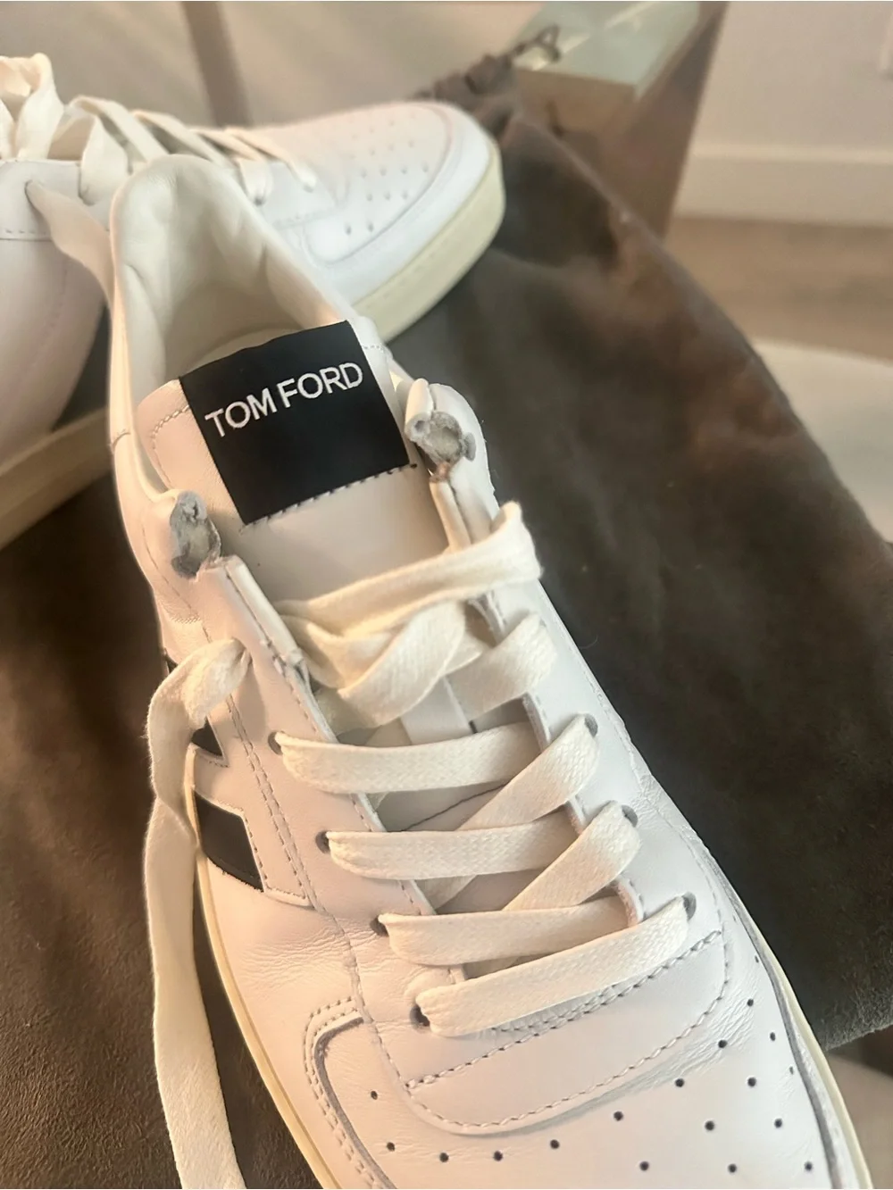 Tom Ford White Leather Sneakers with Black Side Stripes